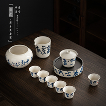 Retro Kung Fu Tea Set Sun Style Home Living Room Office Handpainted Poetry Wenqing Flower Lid Bowl Tea Cup With Tea Tray