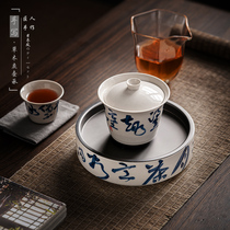 Japanese-style cover bowl grass gray glaze hand-painted blue and white ceramics Sancai tea bowl teacup Kung Fu tea set household with pot bearing