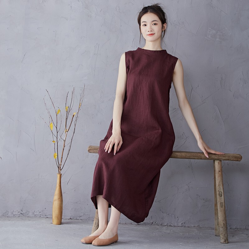 Linen Tank Top Dress, Washed Dress, Sleeveless, Half-High Collar, Outer Wear, Inner Wear, Brand Long Dress, Burgundy Yellow, Women's Linen Tank Top Dress, Washed Dress, Sleeveless, Half-High Collar, Outer Wear, Inner Wear, Brand Long Dress, Burgundy Yellow, Women's