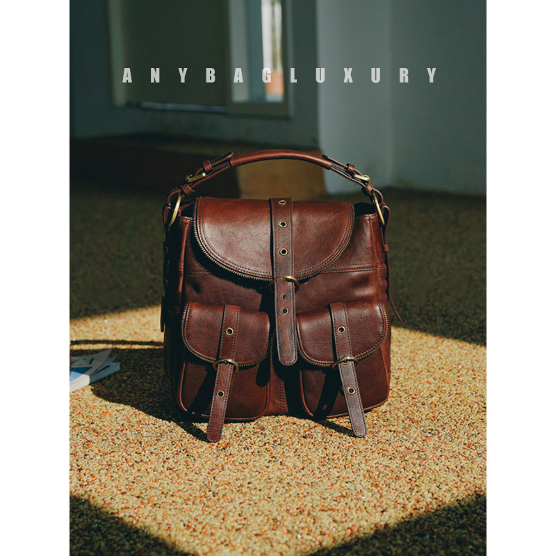 Italy Imports 100 Hitch Native Polished Wax Cow Leather Double Single Shoulder Handbag　