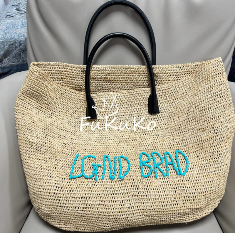 Fukuko's New Turquoise Raffia Beaded Thread Embroidery Raffia Natural Color Tote Bag Handbag for Women, Casual Style
