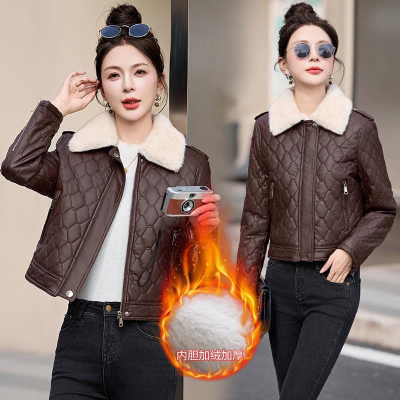 Fur Collar Padded Leather Cotton Coat for Women, Winter Padded Leather Cotton Jacket, Thickened Leather Cotton Coat, Warm Haining Padded Cotton Coat, Slimming Effect