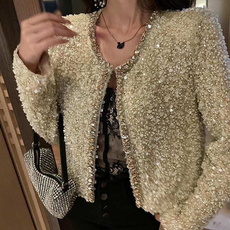 High-End Women's V-Neck Light Luxury Sequin Long-Sleeve Straight-Cut Stylish Elegant Versatile French Shawl Top Jacket