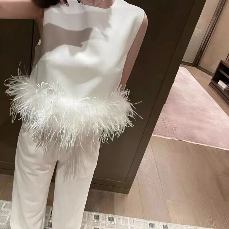 Chanel-Style Heavy-Duty Tassel Ostrich Feather Slim-Fit Camisole Outerwear Fairy Summer Socialite Niche Feather Short Top