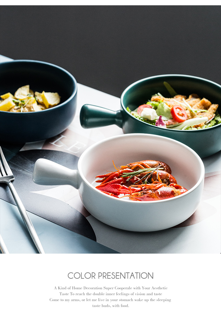 Nordic baking bowl with handle Baked rice bowl instant noodle bowl salad bowl ceramic oven bowl net red plate fruit salad