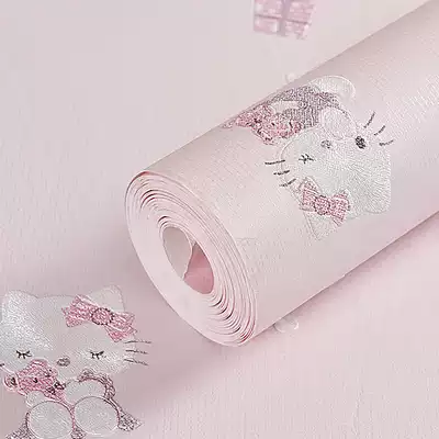 4D精壓浮雕加厚不織布壁紙卡通兒童房公主房臥室背景Kitty貓壁紙