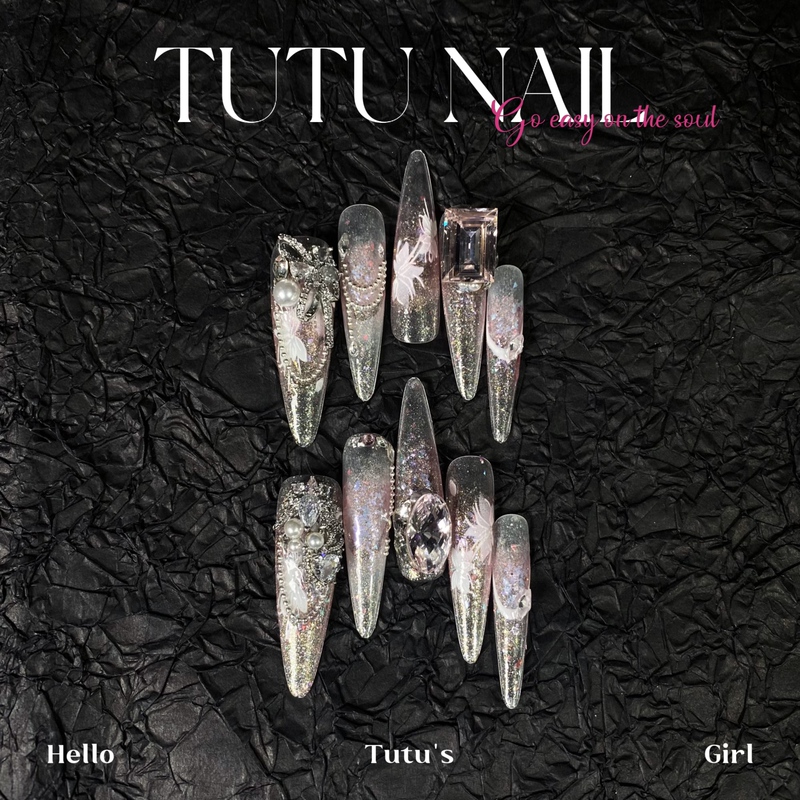 【Pink Rose】Tutu Nail Handmade Wearable Nail Art, Whitening, Heavy Craft, Chinese Fairy Style, High-End Pure Desire, Spring/Summer