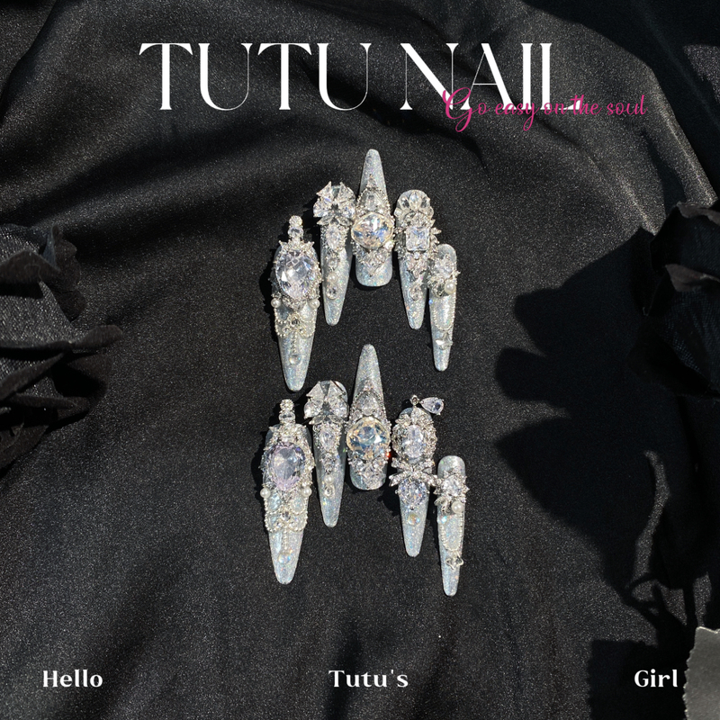 【Silver Sand Sugar】Tutu Nail Handmade Wearable Wedding Nails, Detachable, Heavy Craftsmanship, High-End Fairy-Like Sparkling Silver White