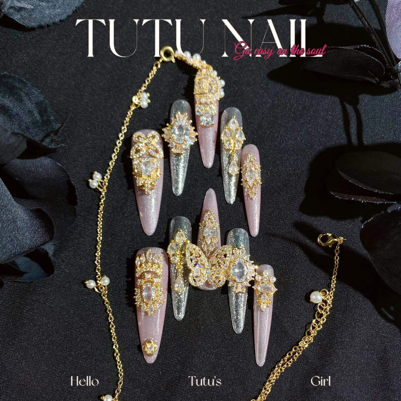 【Wind, Flowers, Snow, Moon】Tutu Nail Handmade Wearable Nails Removable Nail Art Heavy Craft Luxury Long Pointed Bracelet Pink 【Wind, Flowers, Snow, Moon】Tutu Nail Handmade Wearable Nails Removable Nail Art Heavy Craft Luxury Long Pointed Bracelet Pink
