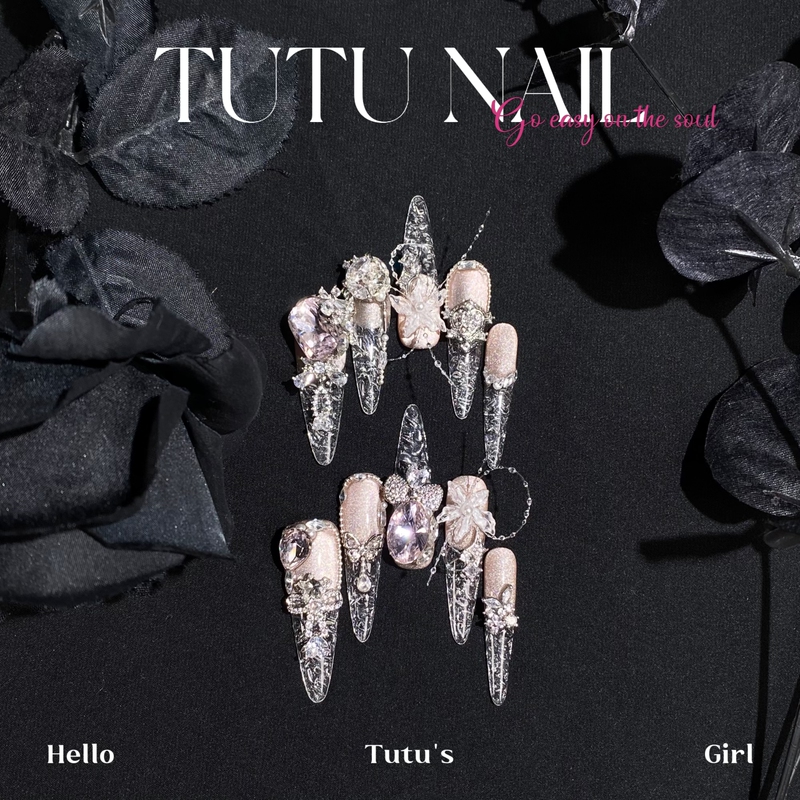 【Boiled Water】Tutu Nail Handmade Wedding Nails with Glazed Cat's Eye Fish Line, Ice Transparent 3D Carved Ice Flowers