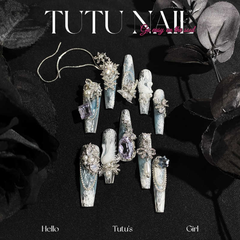 【Swan Lake】Tutu Nail Handmade Wearable Detachable Nail Art Luxurious Heavy Craft Long T-Tip Chain Ice Transparent