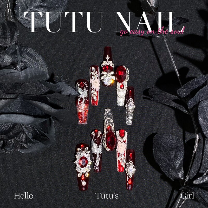 [Phoenix Rebirth] Tutu Nail Handmade New Year Whitening Nail Art Wedding Style Wine Red Carved Ice Transparent