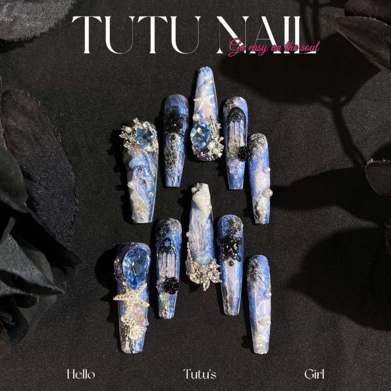 【Sea Moon Jellyfish】Tutu Nail Handmade Wearable Detachable Nail Art Luxurious Heavy Craft Long T-Shaped Blue Starfish 【Sea Moon Jellyfish】Tutu Nail Handmade Wearable Detachable Nail Art Luxurious Heavy Craft Long T-Shaped Blue Starfish