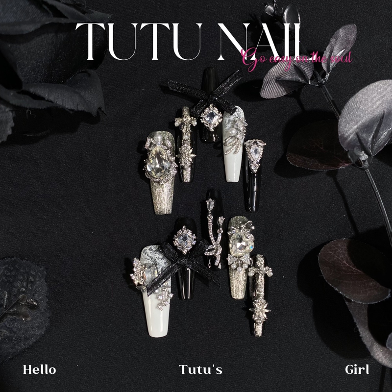 【Lei Shen】Tutu Nail Handmade Wearable Nail Art Heavy Craft Autumn and Winter Black and White Lace Buccellati Style 【Lei Shen】Tutu Nail Handmade Wearable Nail Art Heavy Craft Autumn and Winter Black and White Lace Buccellati Style
