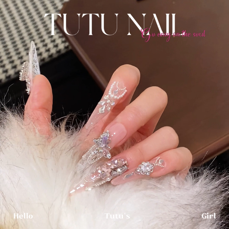【Pink Butterfly】Tutu Nail Handmade Wearable Nail Art Lace High-End Pure Desire Style Chain Butterfly Nude Pink