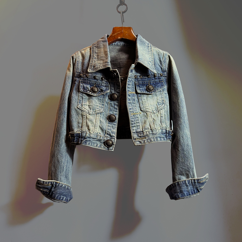 Quality Version 2026 New Hong Kong Style Fashion Personalized Short Jacket Retro Metal Buckle Washed Slim Denim Jacket