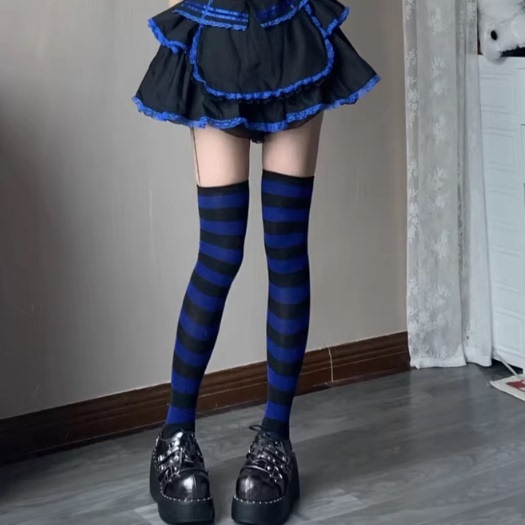 Spring and Autumn Blue and Black Striped Over-The-Knee Socks, High Tube Jk Socks, European and American Style Slimming Fashion Long Tube Sports Girl Stockings Set