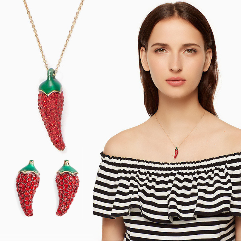 Ks Cute Red Pepper Diamond-Studded Earrings and Necklace Set for Women, Niche Design, Internet Celebrity Exquisite Accessories Ks Cute Red Pepper Diamond-Studded Earrings and Necklace Set for Women, Niche Design, Internet Celebrity Exquisite Accessories