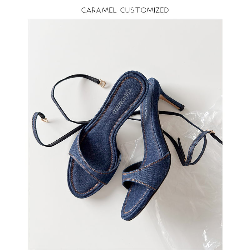 Caramel - Spring/Summer Fashionable, High-End, Versatile High-Heeled Denim Slippers, One-Strap, Two-Way Wear, Strappy Sandals (7cm) Caramel - Spring/Summer Fashionable, High-End, Versatile High-Heeled Denim Slippers, One-Strap, Two-Way Wear, Strappy Sandals (7cm)