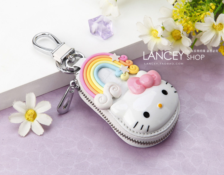 Cao cấp kitty phim hoạt hình túi chìa khóa nữ Hàn Quốc sáng tạo dễ thương xe da móc khóa nữ móc túi thắt lưng treo dây móc ví nam