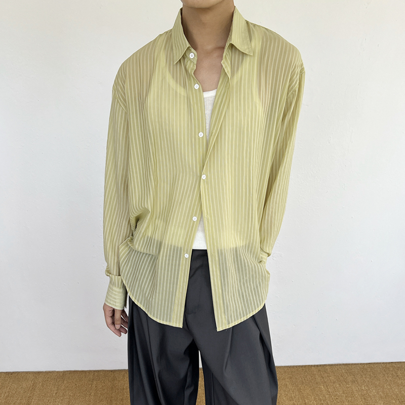 Chein【Sena Morning Light】Vacation Striped Tencel Long Sleeve Shirt Lightweight Breathable Loose Shirt Cardigan for Men Chein【Sena Morning Light】Vacation Striped Tencel Long Sleeve Shirt Lightweight Breathable Loose Shirt Cardigan for Men