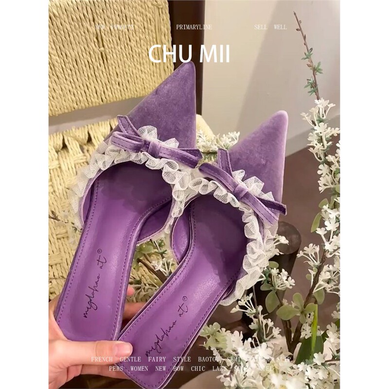 Sheepskin Version~Purple Lace Bow Flats for Women, Velvet High-End Closed-Toe Sandals, Stunning Stiletto High Heels