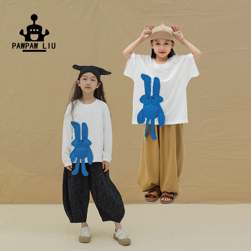Pawpaw Liu Original Design Girls' Long-Sleeved T-Shirt Spring and Summer Base Shirt Boys' Kidsren's Stereo Rabbit Top