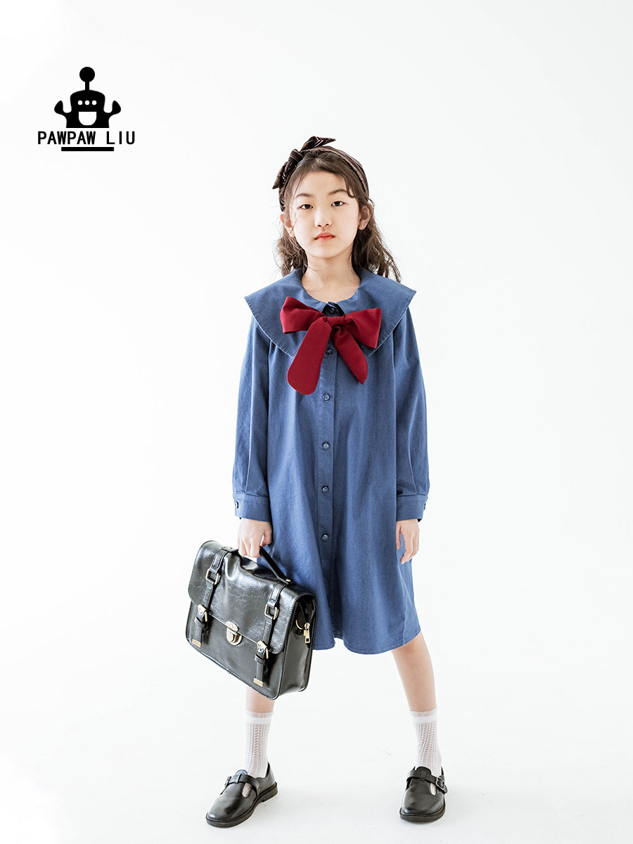 Pawpaw Liu Original design Girls foreign dress 2022 Spring clothing New pint Academy Wind denim shirt dress cotton