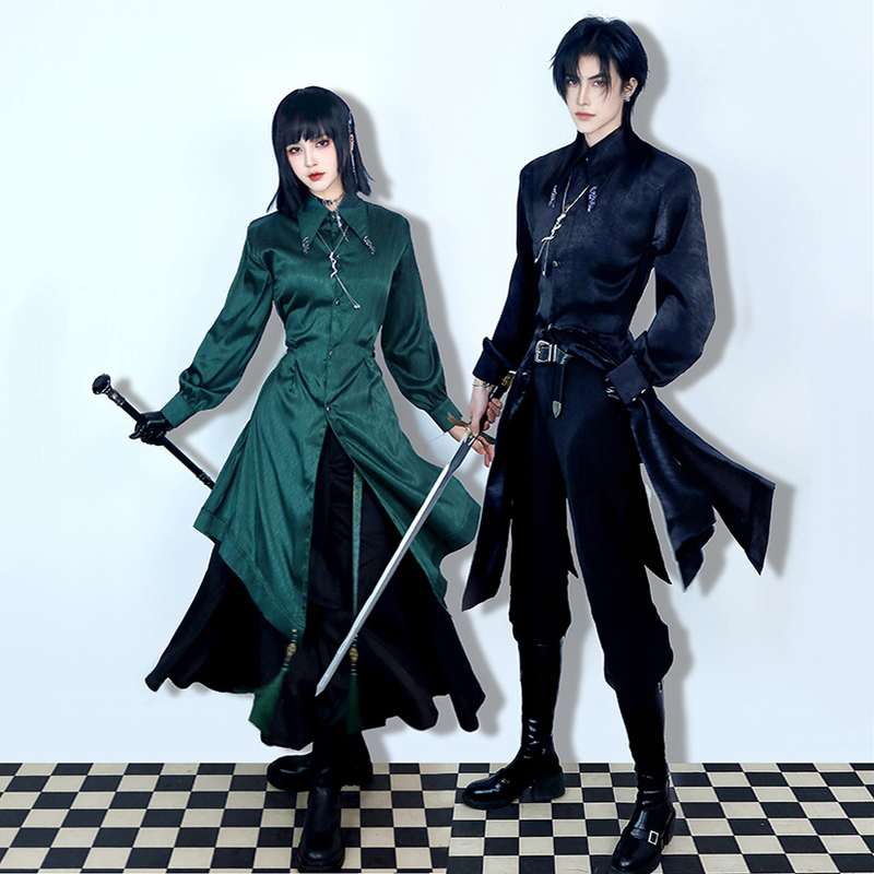 Cangbaoerwu's "Poison-Proofing" Gender-Neutral Snake Element Dark Green Shirt, New Chinese-Style Design Silk Satin Unisex Shirt