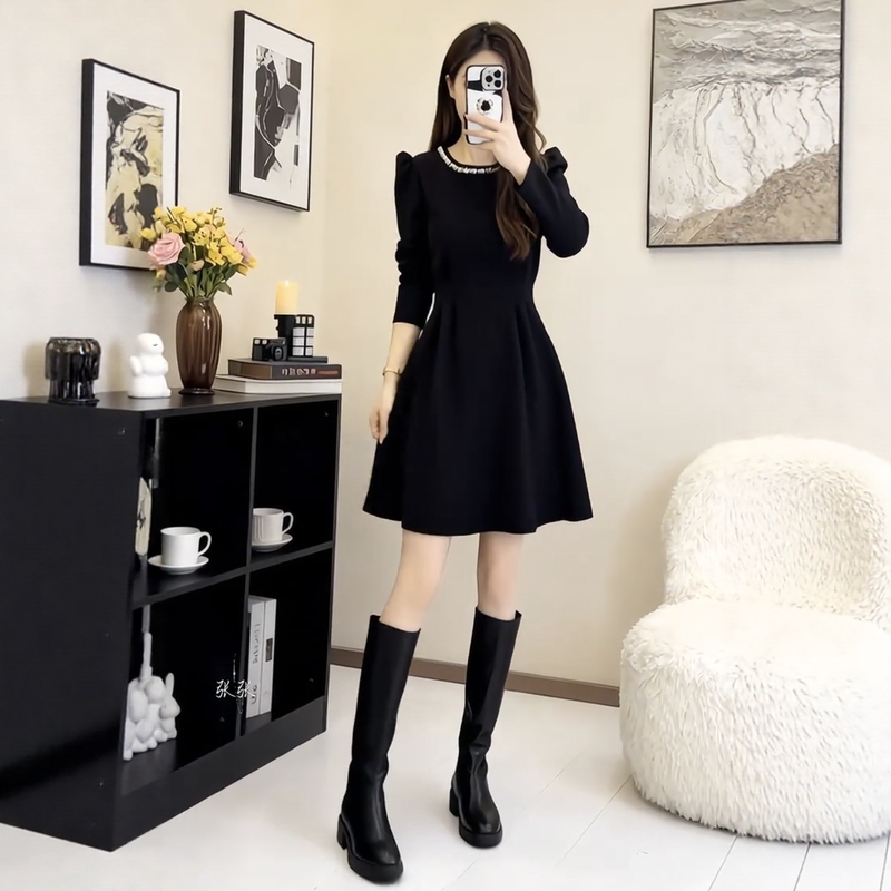 Plus-Size Women's Simple and Elegant Black Long-Sleeve Dress, Hepburn-Style Little Black Dress, Waist-Cinching, Slimming, High-End Base Dress Plus-Size Women's Simple and Elegant Black Long-Sleeve Dress, Hepburn-Style Little Black Dress, Waist-Cinching, Slimming, High-End Base Dress