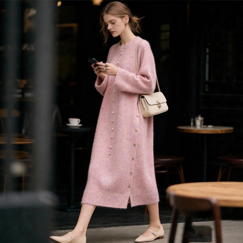 Plus Size Ladylike Round Neck Long-Sleeved Knitted Dress with Buttons, Mid-Length, Slimming and Gentle Style Sweater Dress