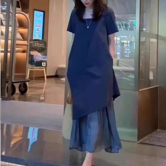 European-Style Loose and Simple Design Patchwork Tea Break Dress, Plus Size, Summer Light Mature Style, Super Fake Two-Piece Elegant Dress European-Style Loose and Simple Design Patchwork Tea Break Dress, Plus Size, Summer Light Mature Style, Super Fake Two-Piece Elegant Dress
