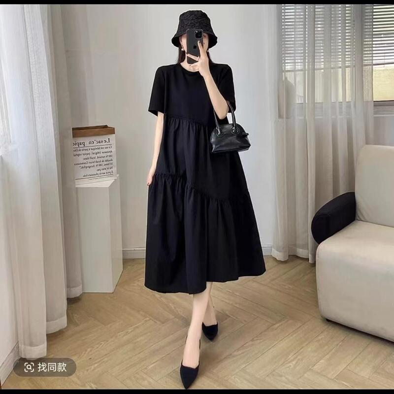 Fat mm Black Short-Sleeved Hepburn Style Dress for Women, New Summer Korean Style Loose Slimming Large Size Mid-Length Skirt