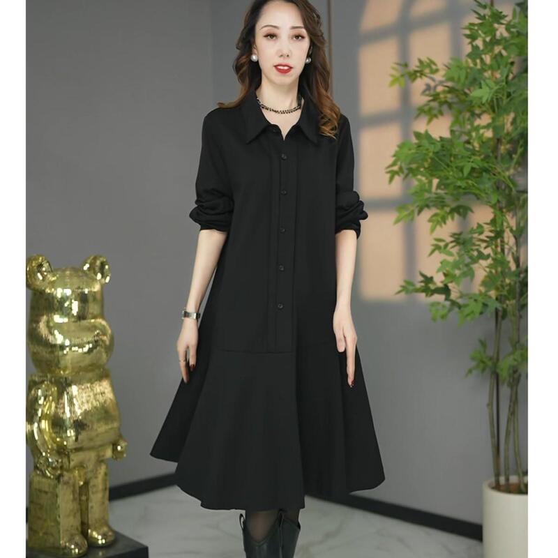 Korean Style Plus Size Fat Girl Fashion Shirt Collar Black Dress 2026 Autumn and Winter New Loose Mid-Length Shirt Dress