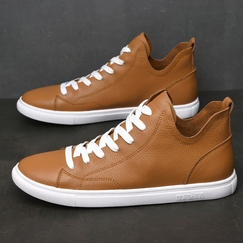 Hong Kong Tide Cards High Cylinder Board Shoes Men Genuine Leather 2022 New Seasons 100 Hitch Midcylinder Casual Shoes Small Size 35 Large size 45