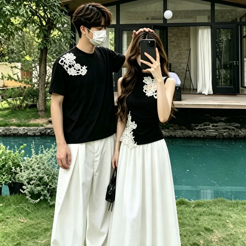 New Chinese-Style Couple Outfits, Summer High-End Sets, One Top and One Skirt, Unique Design, Niche National Style T-Shirts for Men and Women