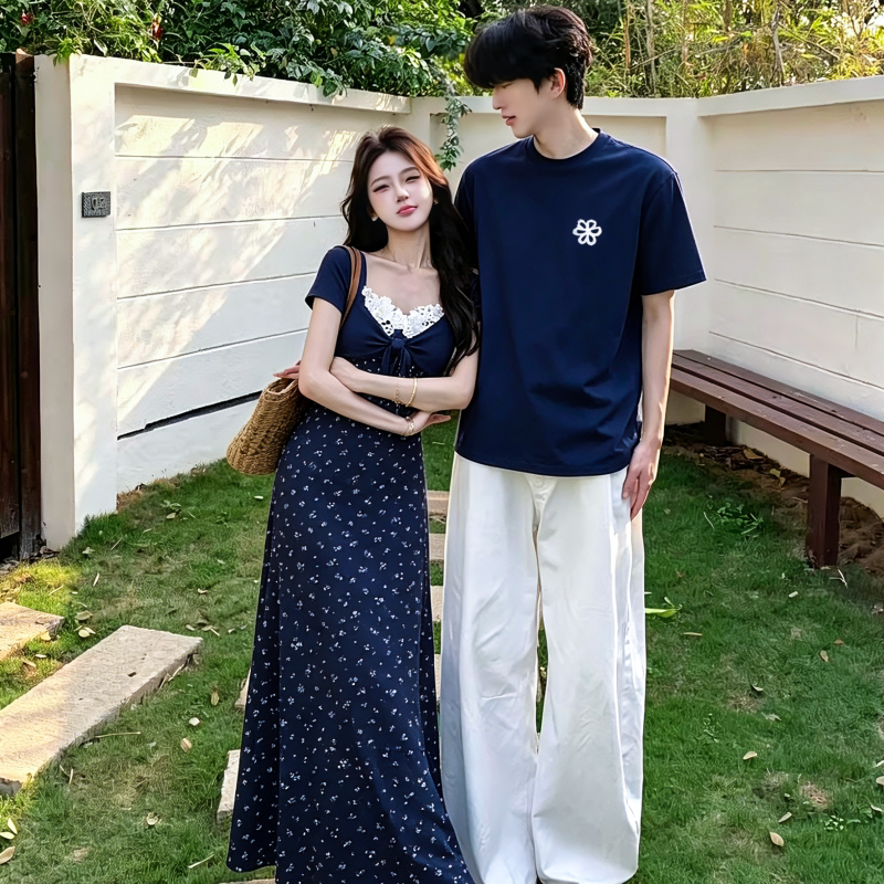 French-Style Couple Outfits, High-End Suits, One Dress and One Skirt, Unique Design, Niche Women's Long Dress, Men's T-Shirt, 2026 New Summer Style French-Style Couple Outfits, High-End Suits, One Dress and One Skirt, Unique Design, Niche Women's Long Dress, Men's T-Shirt, 2026 New Summer Style