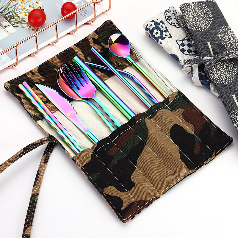 Korean Style 304 Stainless Steel Knife Fork Spoon Chopstick Mesh Red Portable Cutlery Straw Spoon Fork Suit Juice Milk Tea Straw