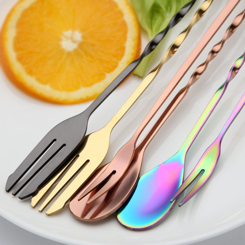 32cm threaded stainless steel ice spoon lengthened cocktail spoon double-headed bar spoon net red drink mixing spoon fruit fork
