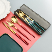 Net red Portuguese Western tableware medium portable stainless steel fork spoon chopsticks 3 sets student spoon chopsticks tableware box
