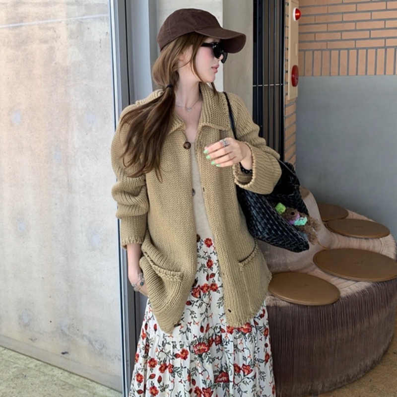 Feather LAOSHU Wool-Cotton Blend Knitted Cardigan, Mid-Length, Thick Knit, Large Lapel Sweater Coat, Suitable for Spring, Autumn, and Winter
