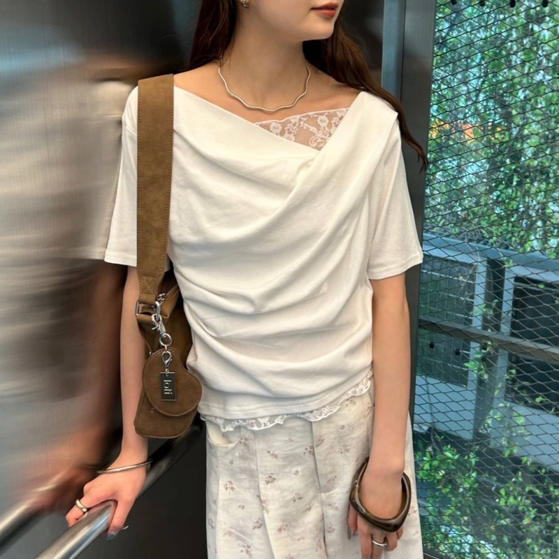 Summer Japanese Style My Irregular Collar Patchwork Lace Ruffle Sweet and Elegant Pure Cotton T-Shirt Summer Japanese Style My Irregular Collar Patchwork Lace Ruffle Sweet and Elegant Pure Cotton T-Shirt