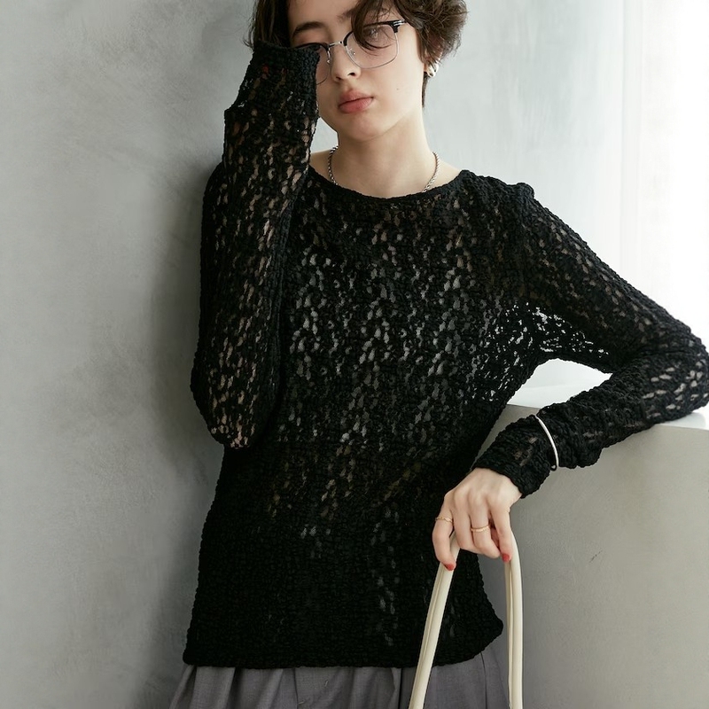 Early Autumn Japanese Style Fs Exquisite and Luxurious Hollow-Out See-Through Full Lace Trim Cotton Long-Sleeve Base Layer Layered Lace Top