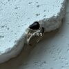 Niche S925 sterling silver vintage distressed inlaid heart-shaped black agate open ring