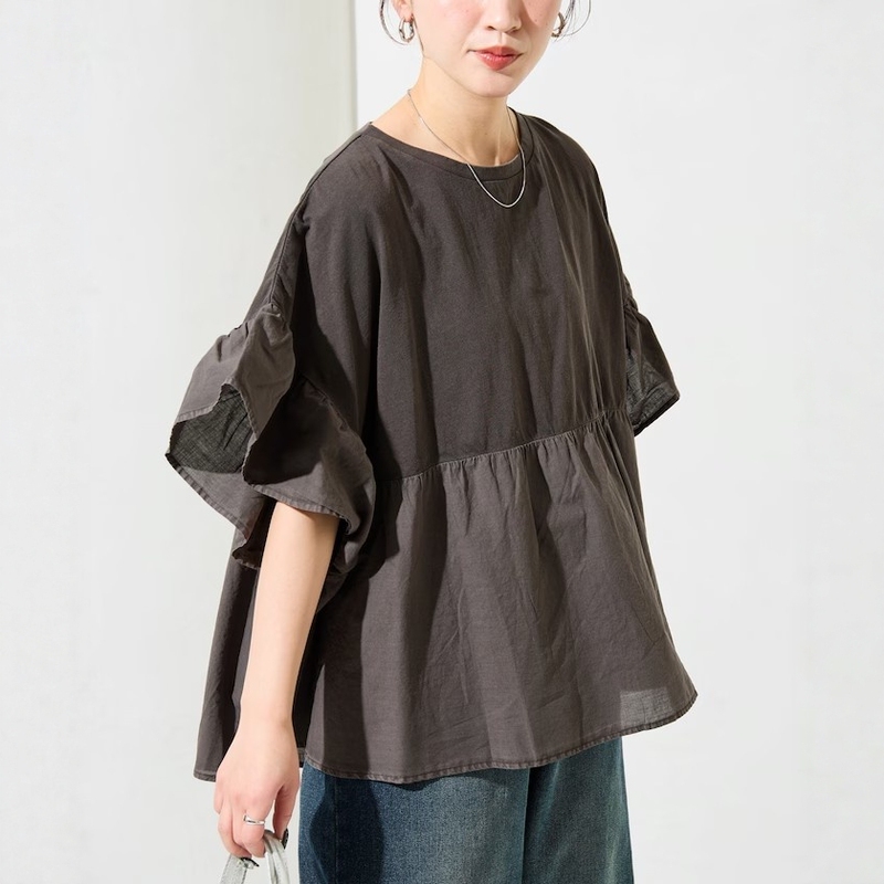 Summer Japanese-Style Fs Round-Neck T-Shirt with Unique Material Patchwork, Ruffled Edges, Lightweight, Cool, Vintage Washed, Loose Fit