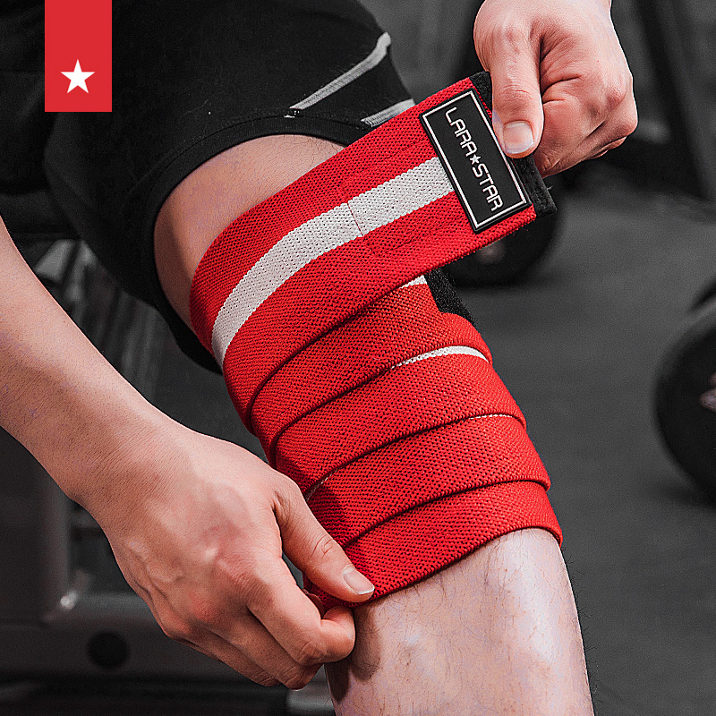 Laura Star weightlifting squat strength with knee strap legs wrapped around fitness and knee bandage elbow strength training