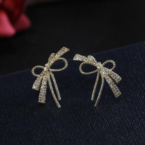 Bowknot Earrings 925 Sterling Silver Ear Temperament Shiny Zircon Advanced Sense Fashion Japanese and Korean Sweet Girl Ear
