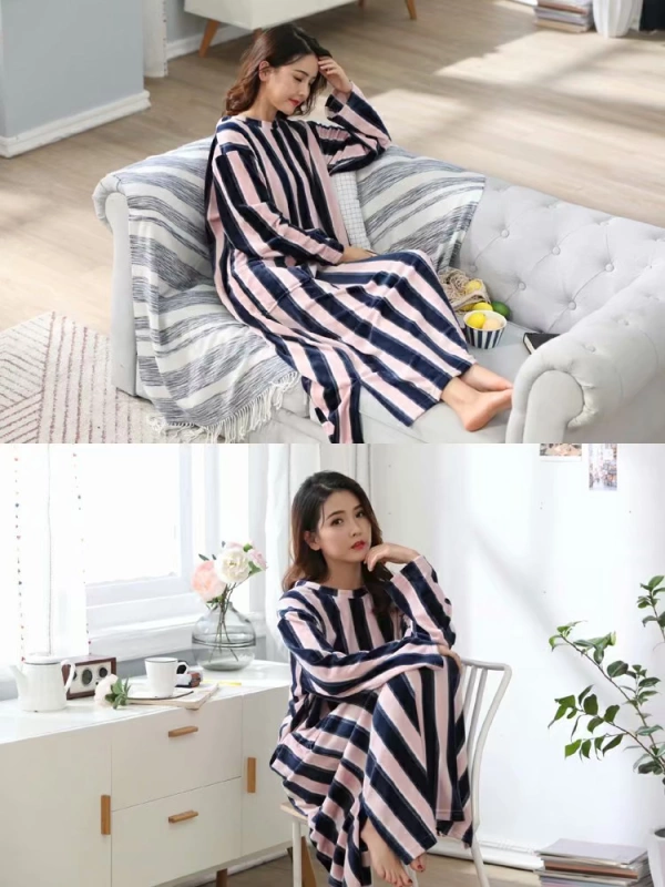 Mùa đông sọc dọc túi lớn cashmere Hàn Quốc váy ngủ dài phụ nữ cộng với phân bón XL làm dày phụ nữ mang thai đồ ngủ nhung san hô áo đầm đẹp