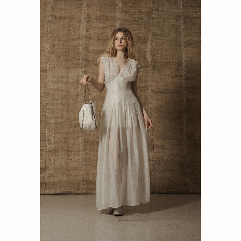 Mutedance V-Neck Dress, Lace Trim, Handmade, Plant-Dyed, Classic