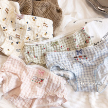 Korean Wind Little Fresh Plaid Wood Ear Edge Little Cute Printed Cotton low waist triangular pants less schoolgirl underpants